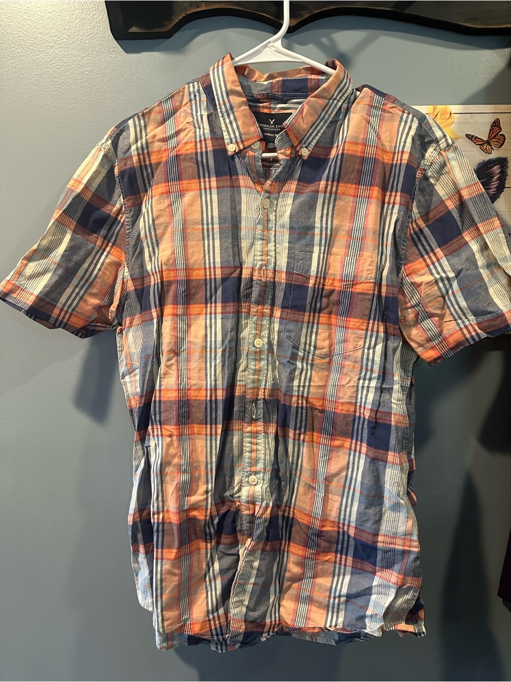 American Eagle Outfitters Orange & Navy Plaid Button-Down Shirt